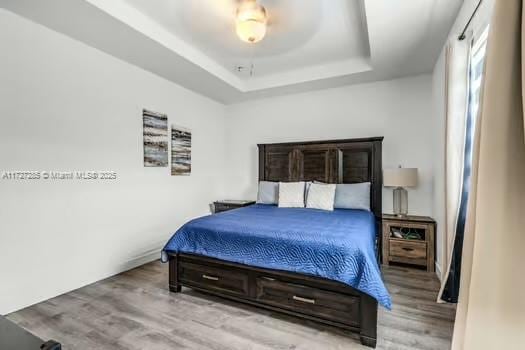 bedroom with light hardwood / wood-style floors and a raised ceiling