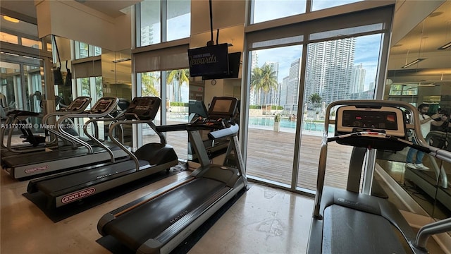 exercise room featuring a towering ceiling