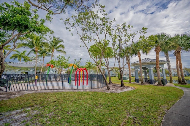 view of play area featuring a gazebo and a yard