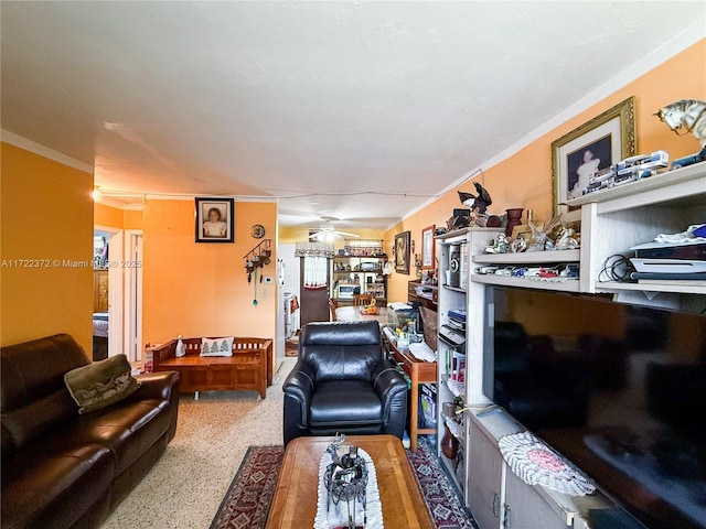 living room featuring crown molding