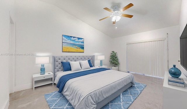 bedroom featuring lofted ceiling and ceiling fan