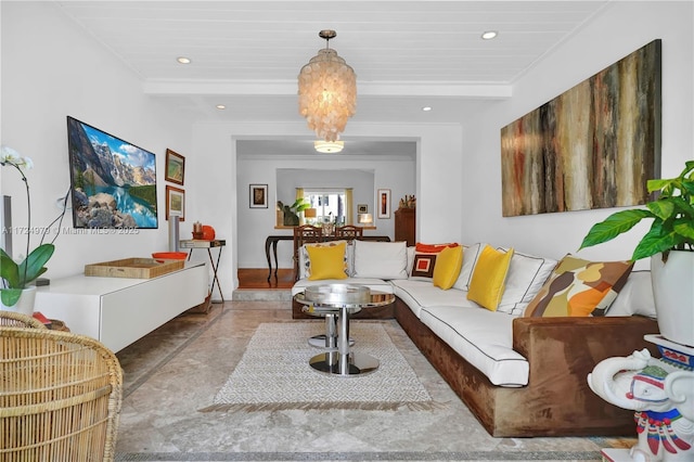 living room featuring beamed ceiling