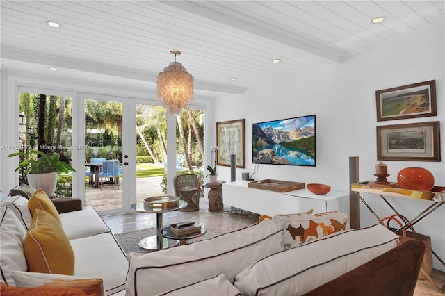 living room featuring wood ceiling, beam ceiling, and french doors