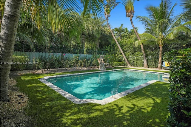 view of swimming pool featuring a lawn