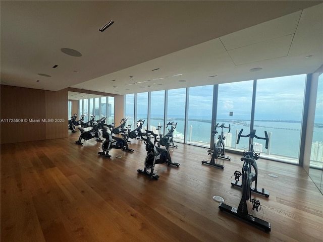 workout area with hardwood / wood-style flooring, a wall of windows, and a water view