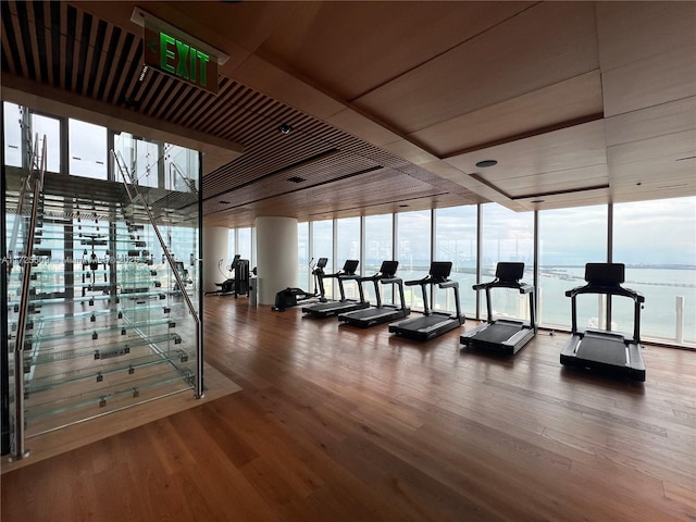 workout area featuring a water view, wood-type flooring, and expansive windows