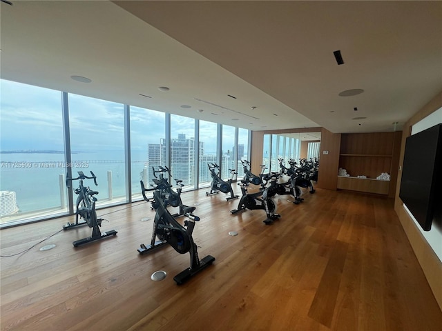 exercise room featuring floor to ceiling windows, hardwood / wood-style floors, and a water view