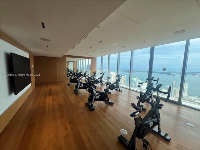 workout area with floor to ceiling windows, a water view, and wood-type flooring