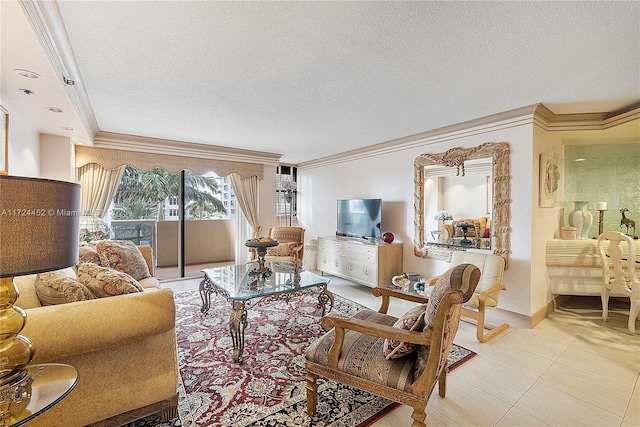 living room with a textured ceiling, light tile patterned floors, and ornamental molding