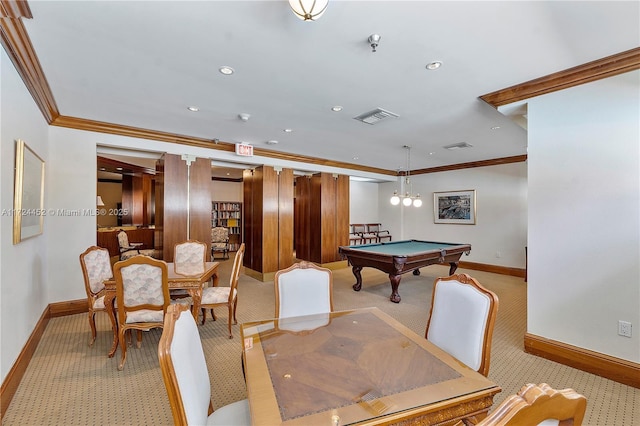 rec room with light colored carpet, pool table, crown molding, and an inviting chandelier