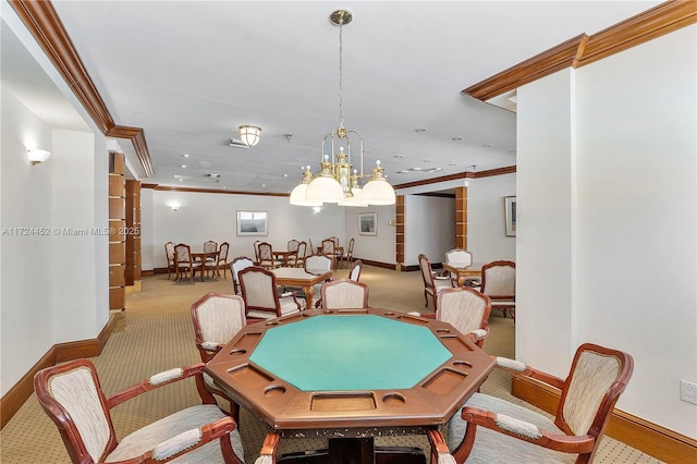 carpeted dining room with crown molding and a notable chandelier