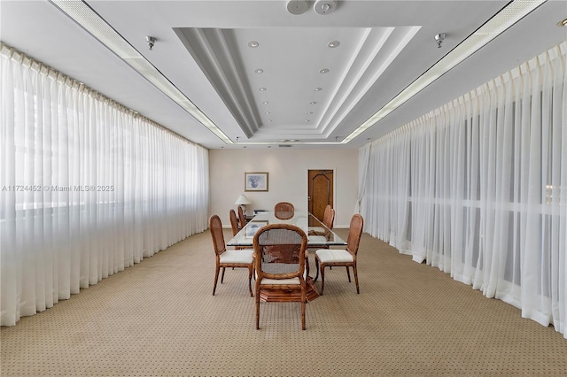 dining room featuring a raised ceiling and light carpet