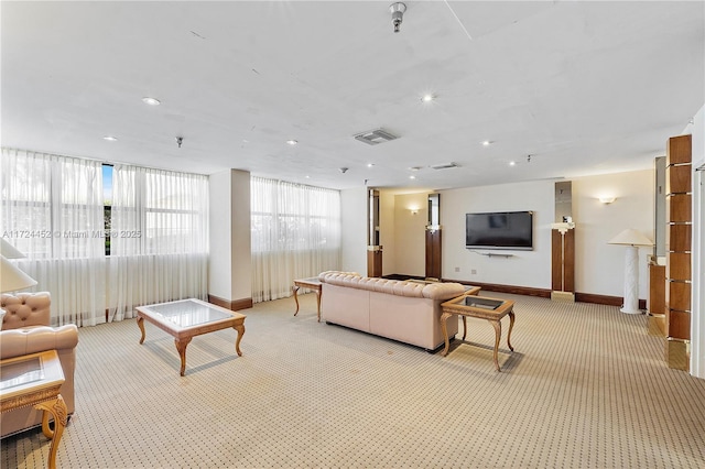 living room with light colored carpet