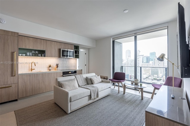 living room featuring plenty of natural light, expansive windows, and sink