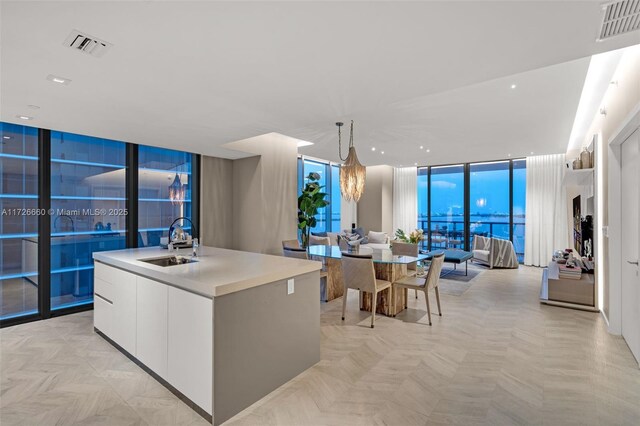 living room featuring a water view, a wall of windows, and a wealth of natural light