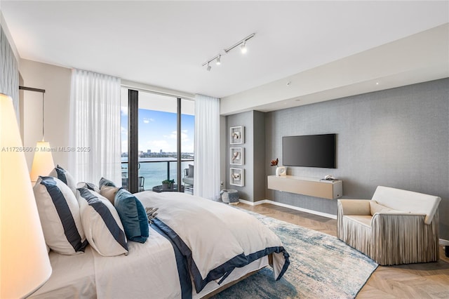 bedroom featuring access to exterior, rail lighting, light parquet flooring, and expansive windows