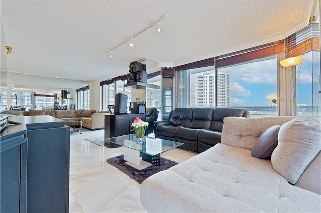 living room with a textured ceiling