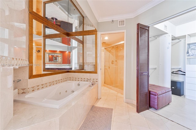 bathroom with ornamental molding, independent shower and bath, and tile patterned flooring