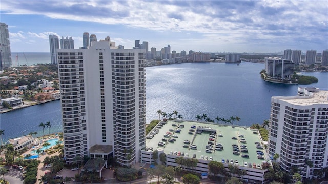 aerial view featuring a water view