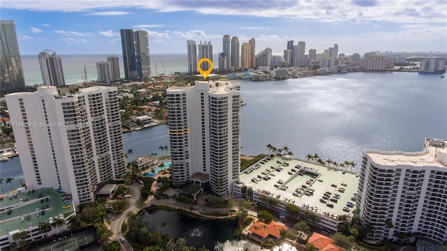 bird's eye view featuring a water view