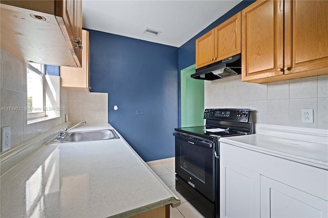 kitchen with decorative backsplash, black range with electric stovetop, and sink