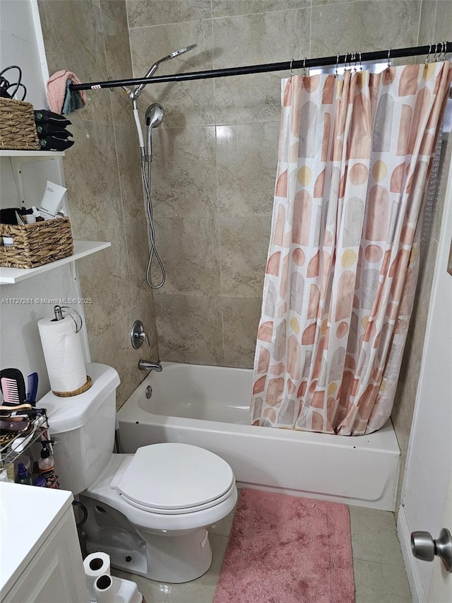 full bathroom featuring toilet, vanity, shower / bath combo, and tile patterned flooring