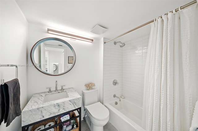 full bathroom with toilet, vanity, and shower / bath combination with curtain