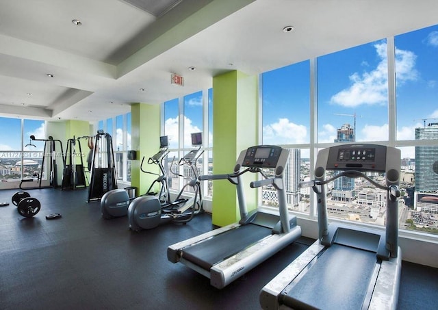 workout area with a raised ceiling