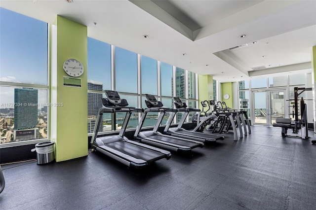 exercise room featuring a tray ceiling