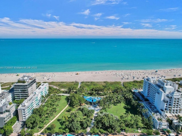 bird's eye view featuring a view of the beach and a water view