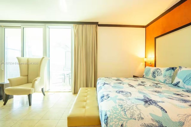 tiled bedroom featuring ornamental molding