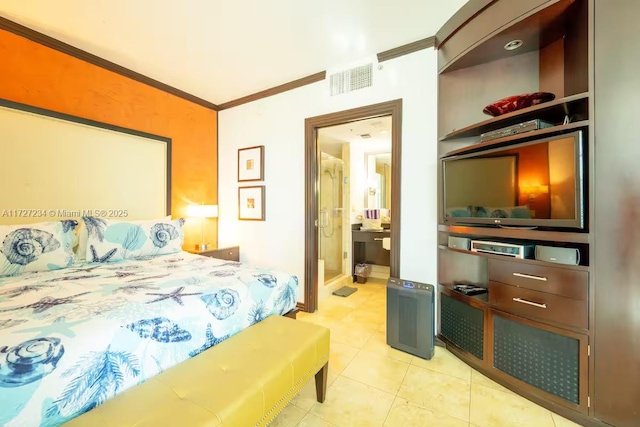 bedroom with light tile patterned floors and crown molding