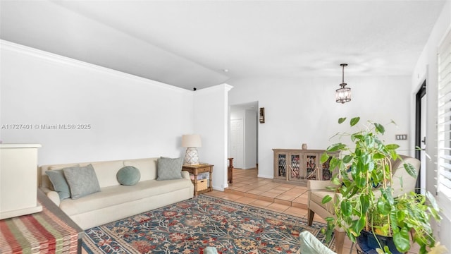 tiled living room with lofted ceiling