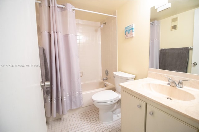 full bathroom featuring toilet, tile patterned flooring, shower / bath combo, and vanity