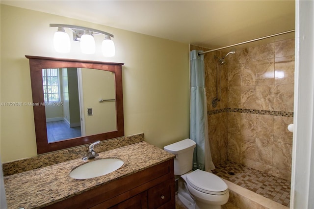 bathroom with toilet, a shower with shower curtain, and vanity