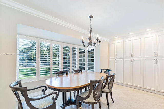 dining space featuring light tile patterned floors, a notable chandelier, and crown molding