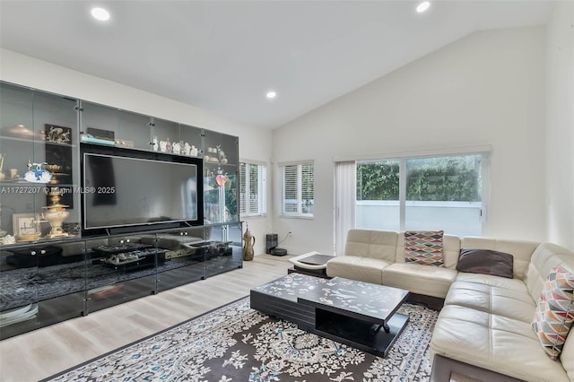 living room with hardwood / wood-style floors and high vaulted ceiling