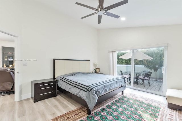 bedroom featuring lofted ceiling, access to exterior, ceiling fan, and light wood-type flooring