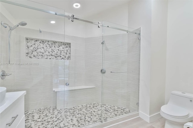 bathroom with vanity, toilet, and a shower with door