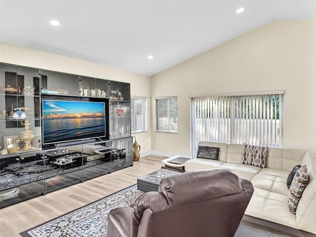 living room with vaulted ceiling and wood-type flooring