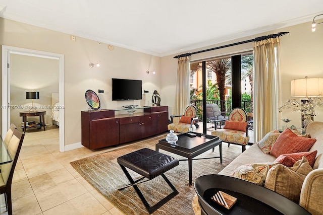 living room featuring crown molding and light tile patterned flooring