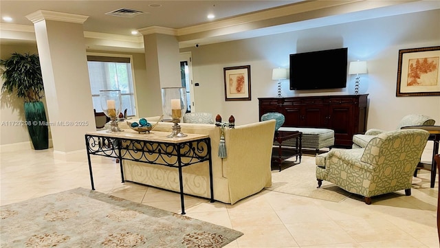 tiled living room with ornamental molding