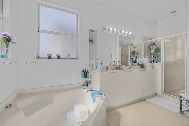 bathroom with vanity, separate shower and tub, and tile patterned floors