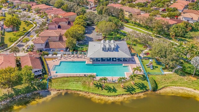 drone / aerial view with a water view