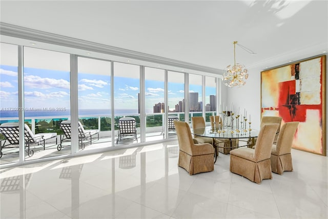 dining area featuring a city view, floor to ceiling windows, a healthy amount of sunlight, and an inviting chandelier