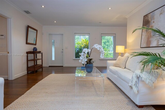 living room featuring wood-type flooring and crown molding