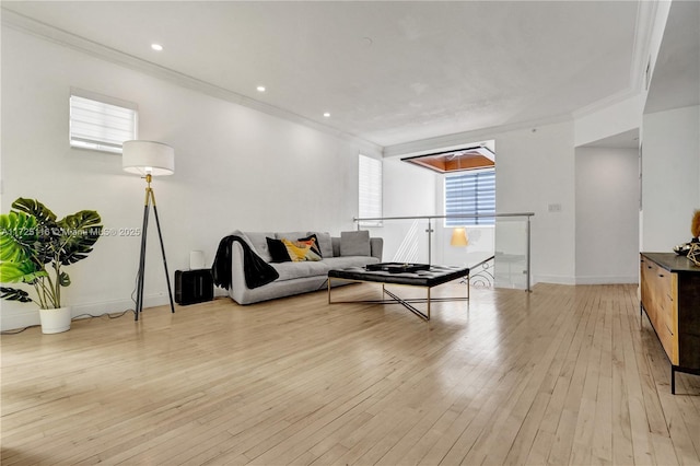 living room featuring crown molding and light hardwood / wood-style flooring