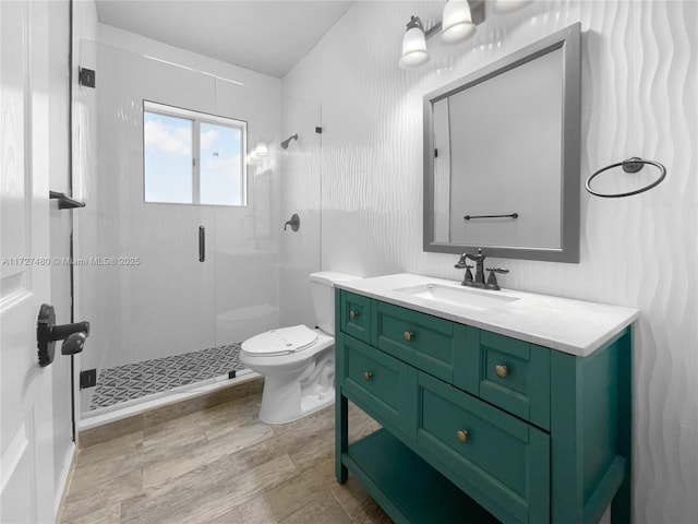 bathroom featuring toilet, vanity, and walk in shower