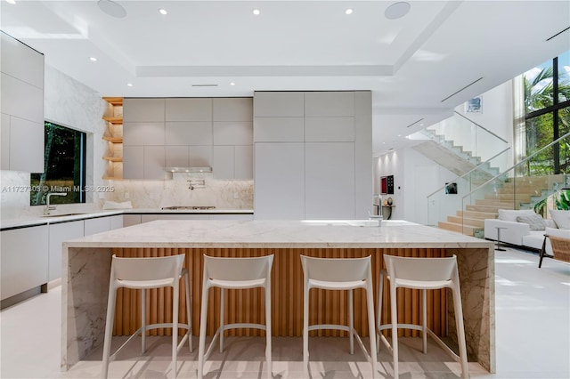 kitchen featuring tasteful backsplash, sink, light stone countertops, a kitchen breakfast bar, and a large island