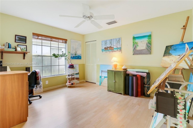 office area featuring ceiling fan and hardwood / wood-style flooring